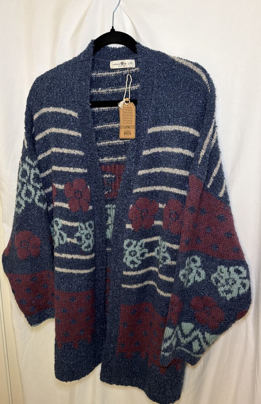 NEW! NATURAL LIFE CALLA JACQUARD STRIPED WOMENS L/XL CARDIGAN OVERSIZED SWEATER